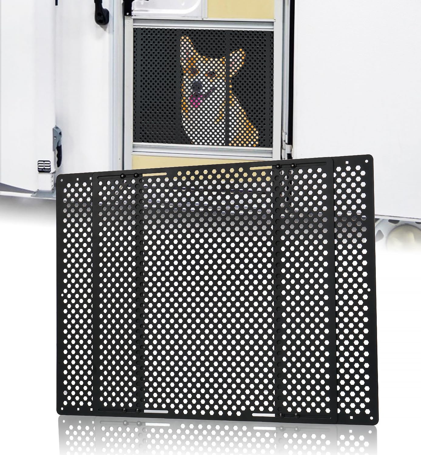 Aupar protector front installed on RV door showing secure barrier and protection