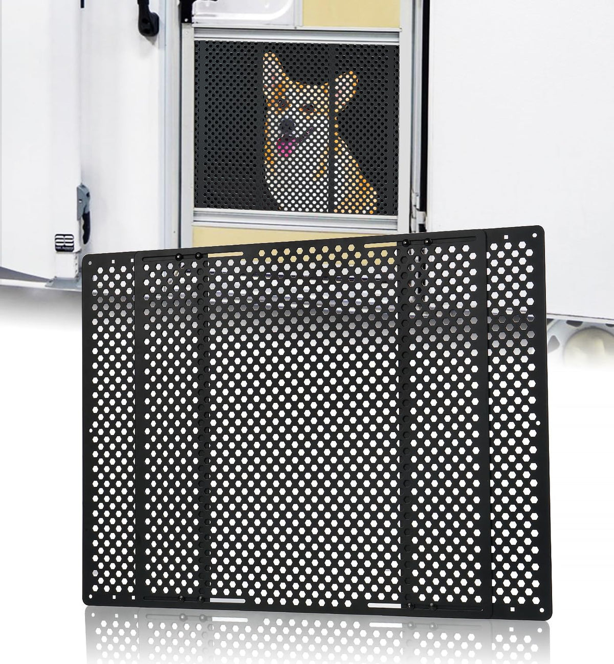 Aupar protector front installed on RV door showing secure barrier and protection