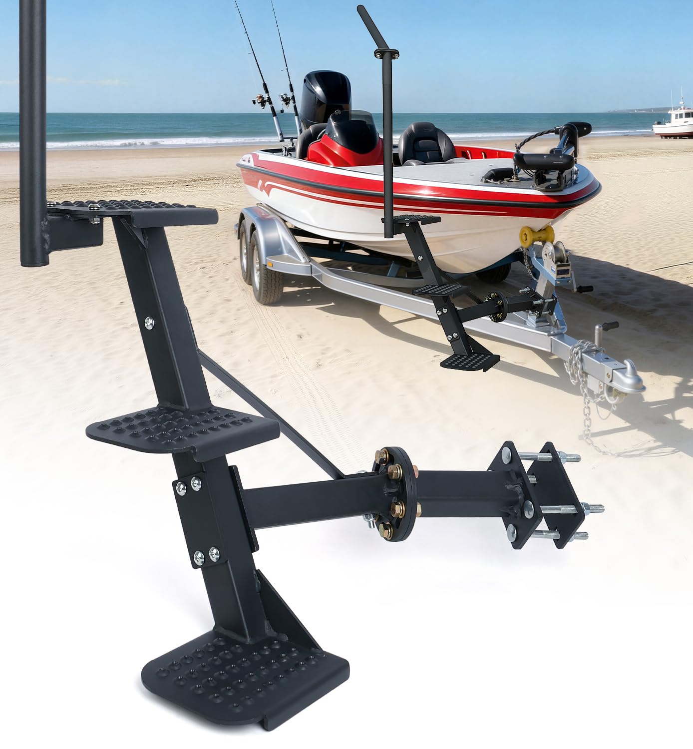 Aupar front view of three‑step trailer step showing sturdy design and quick access
