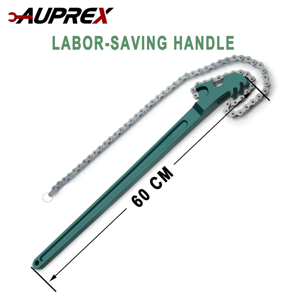 AUPREX wrench wrapped around an oil filter showing easy removal benefit