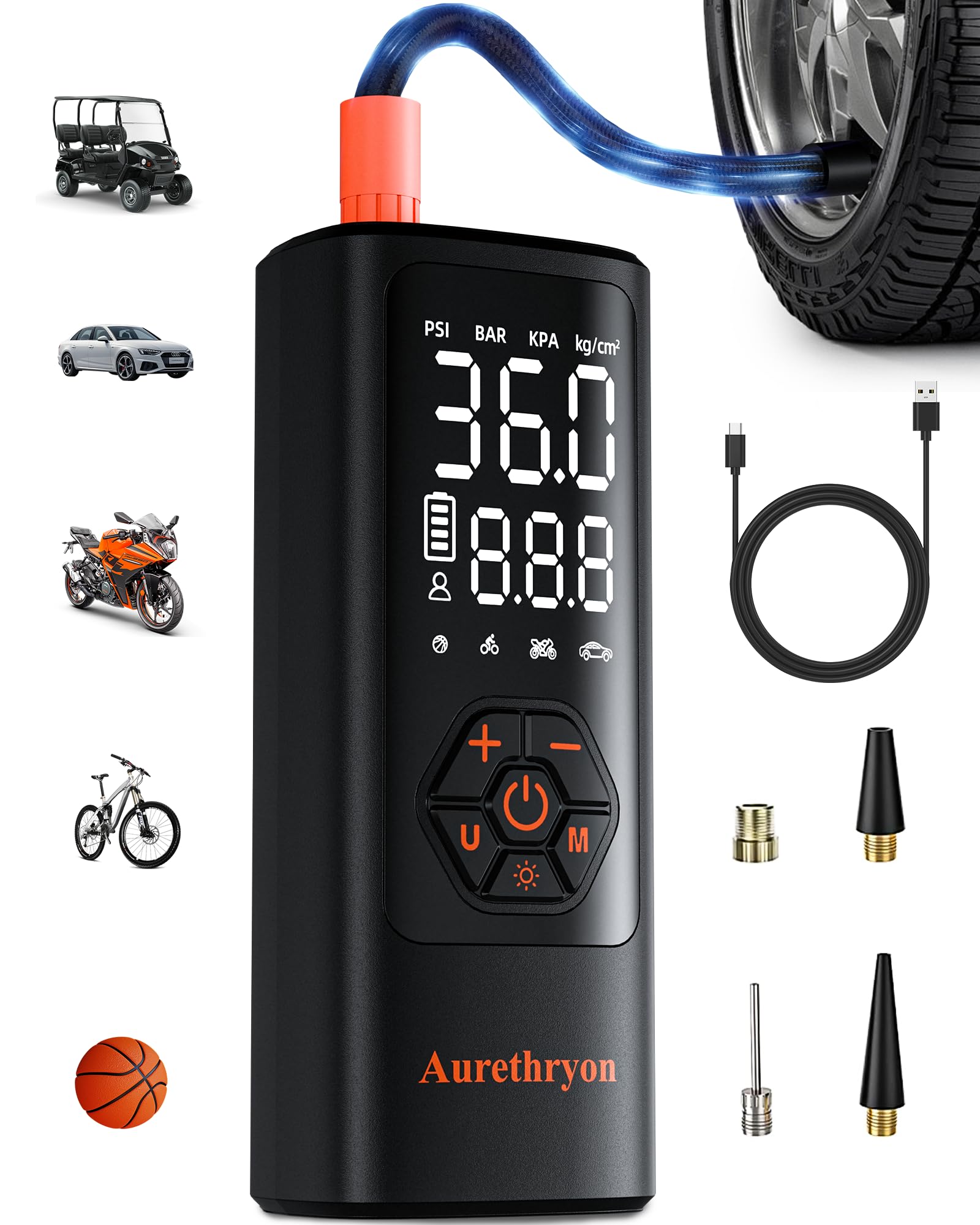 Aurethryon front packaging showing compact cordless pump and accessories benefit quick storage