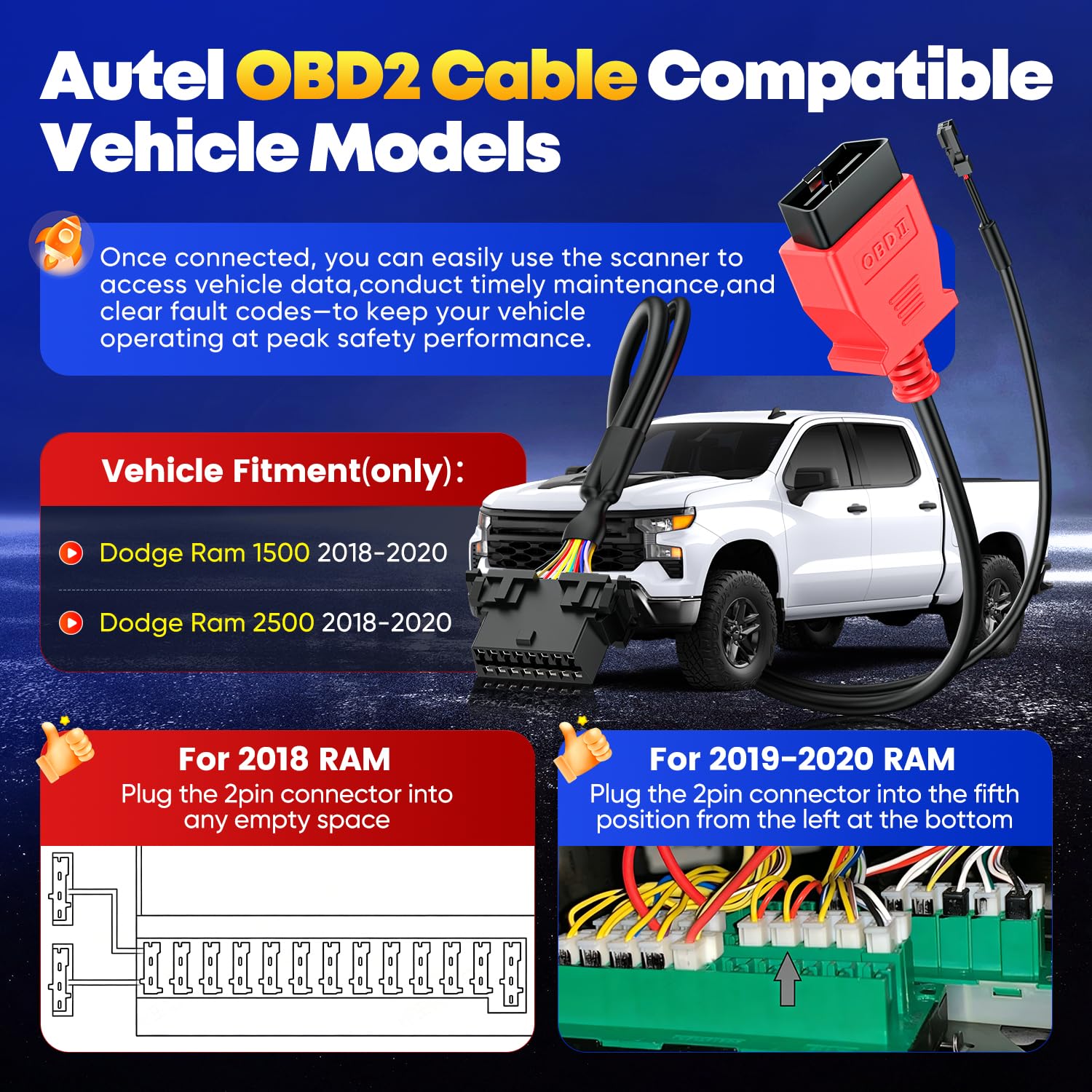 Autel cable plugged under dash shows correct vehicle port placement benefit