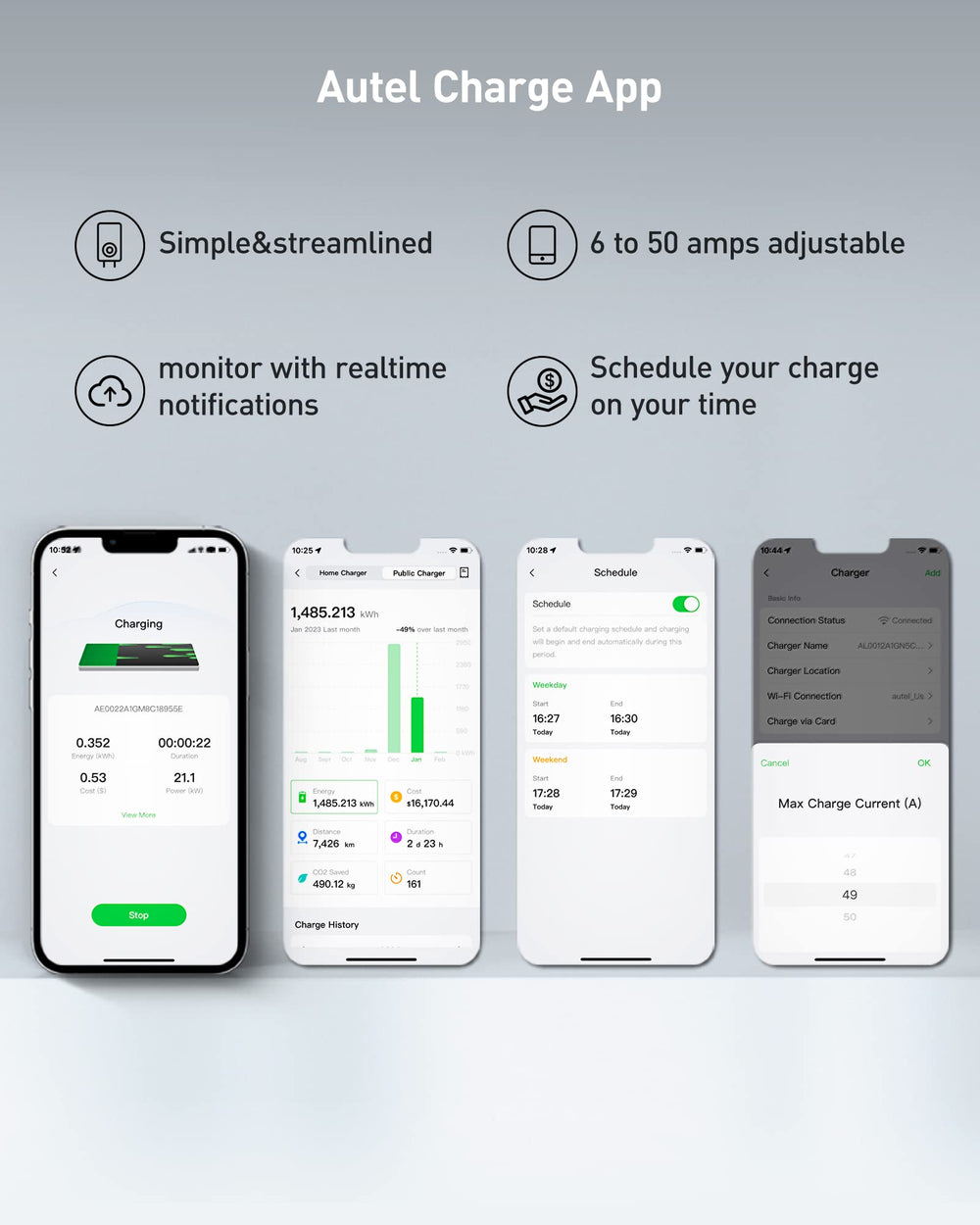 Autel Charge app scheduling screen on phone, time-of-use savings benefit