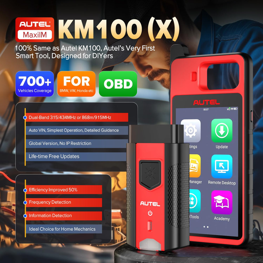 Autel MaxiIM KM100 rear view highlighting battery and rugged design benefit