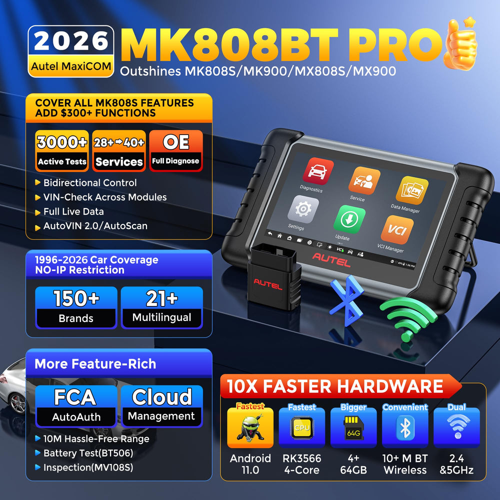 Autel MK808BT PRO rear showing VCI connector and serial label for easy registration