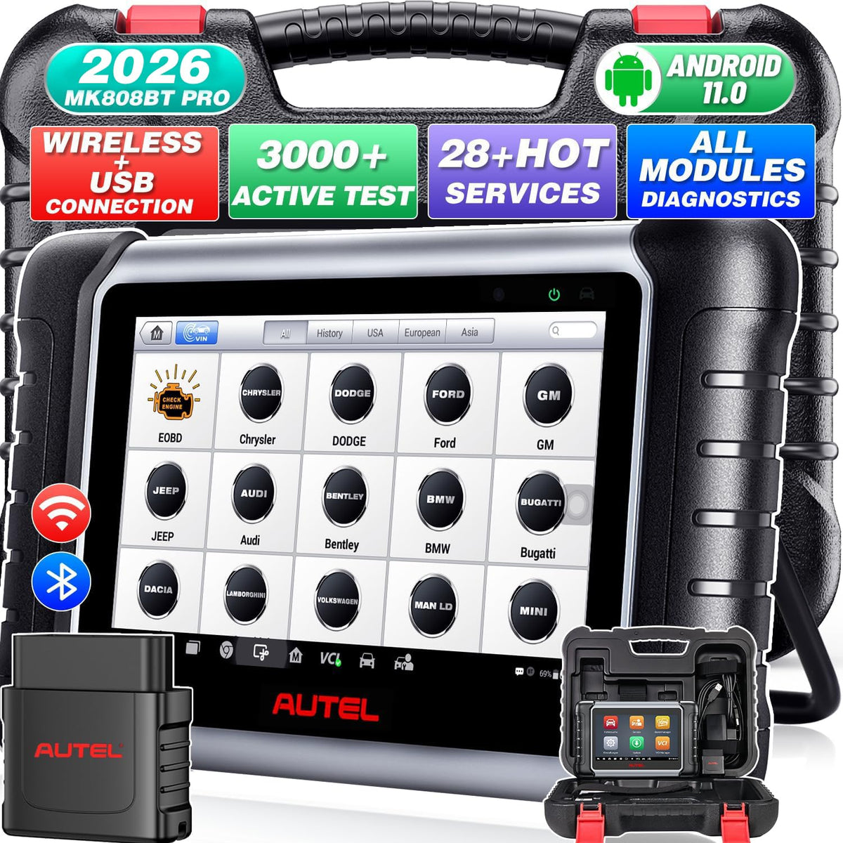 Autel tablet front view showing large screen and quick diagnostics benefit