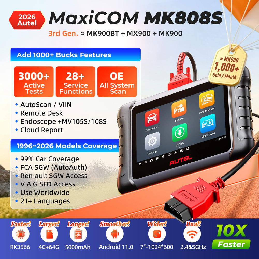 Autel MK808S rear casing view highlighting rugged build and secure grip benefit