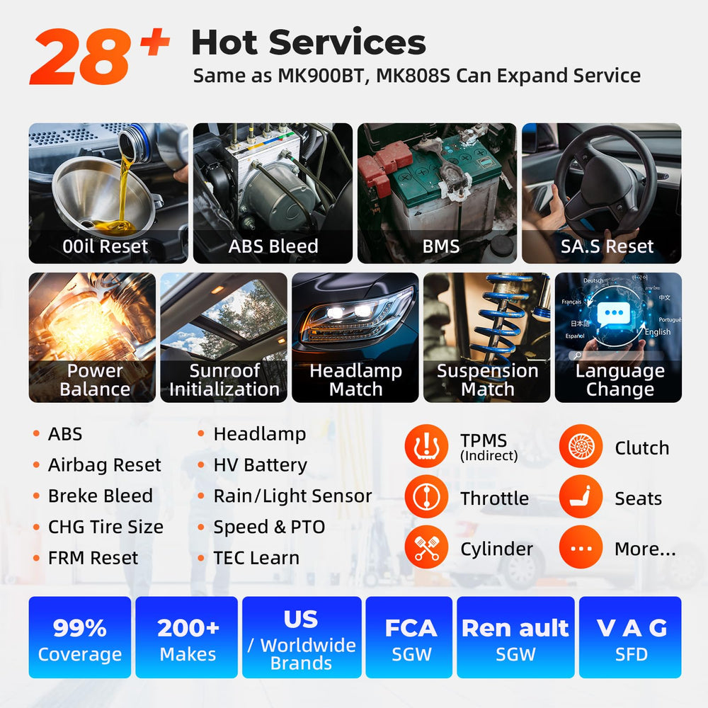 Autel MK808S service menu screen with oil reset and BMS options for routine jobs