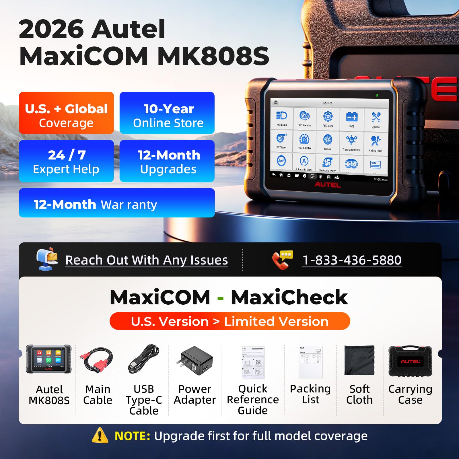 Autel MK808S used in a repair bay showing tablet diagnosing a vehicle to speed repairs