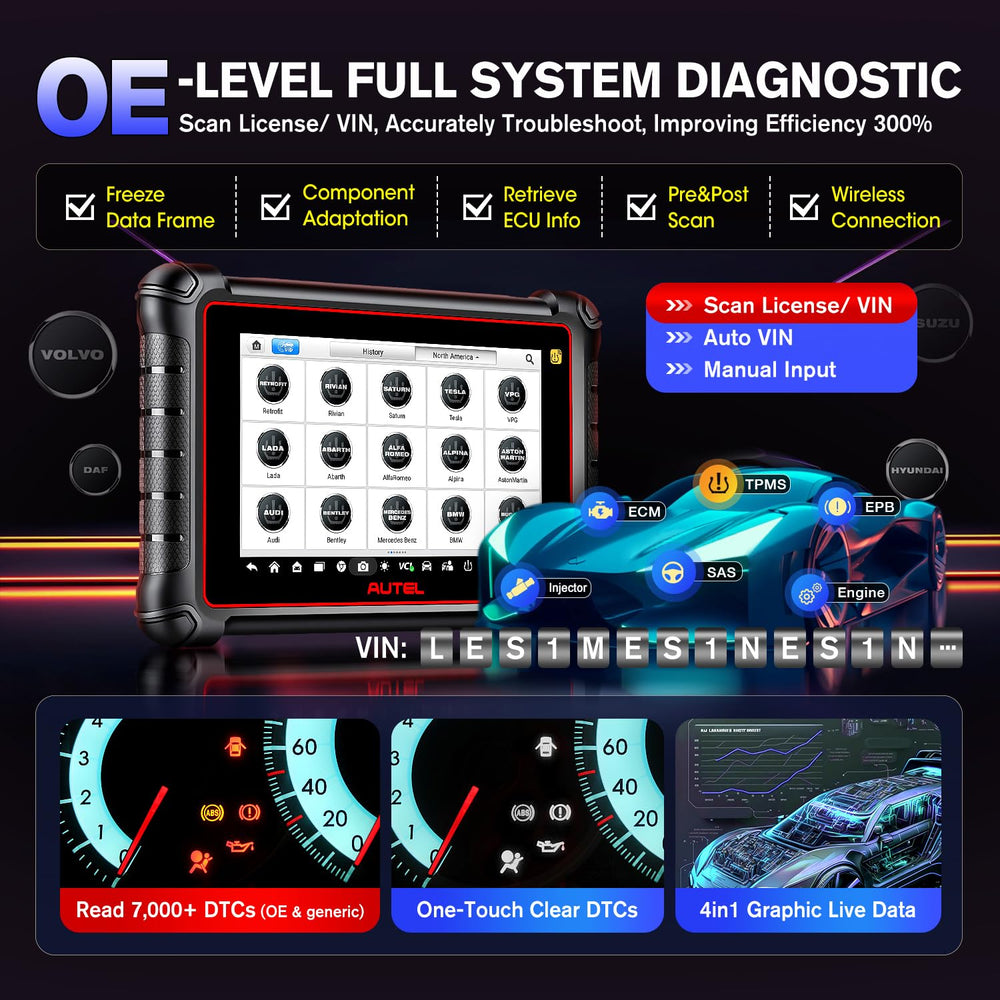 Autel MK900TS with accessory kit illustrating included tools for TPMS and service tasks