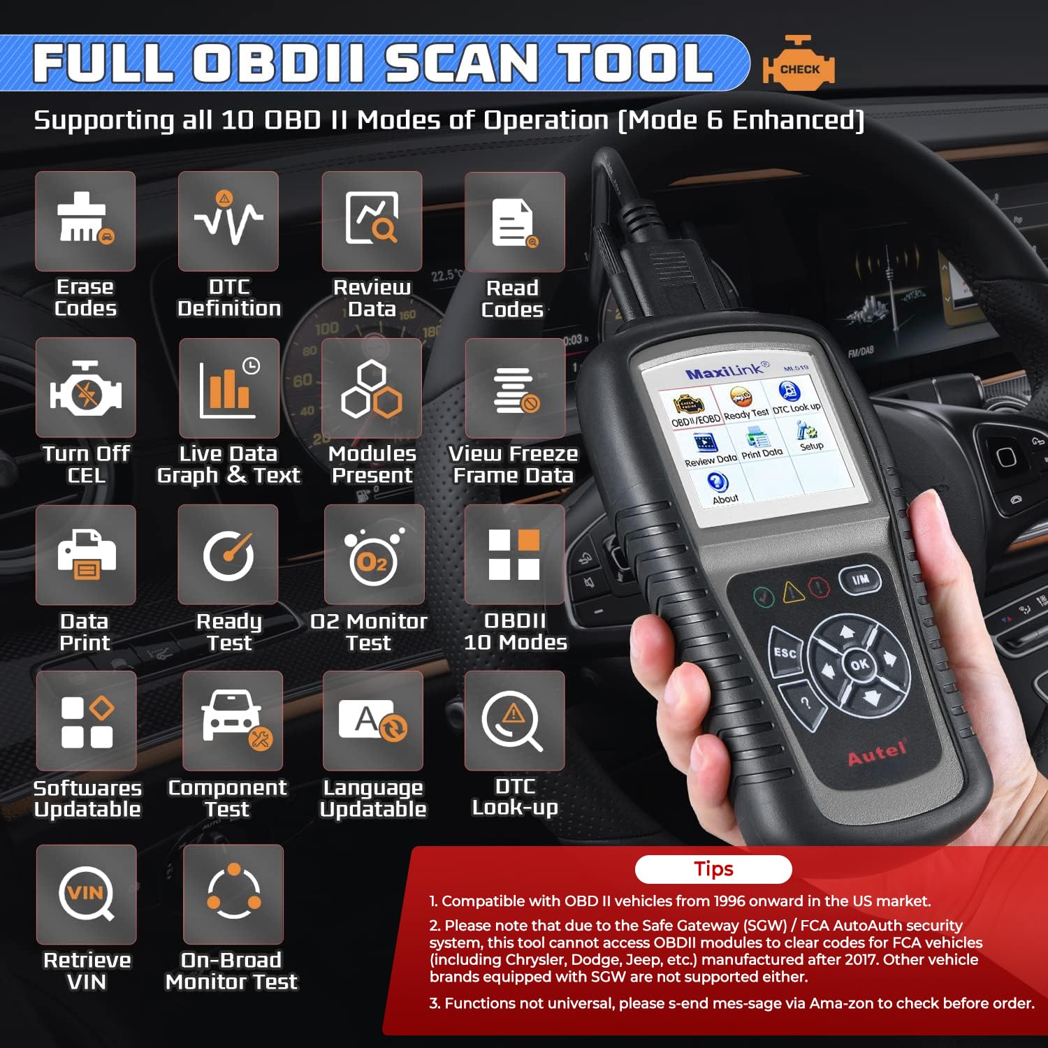 Autel ML519 OBD2 plug connector ready to insert, fast vehicle hookup benefit