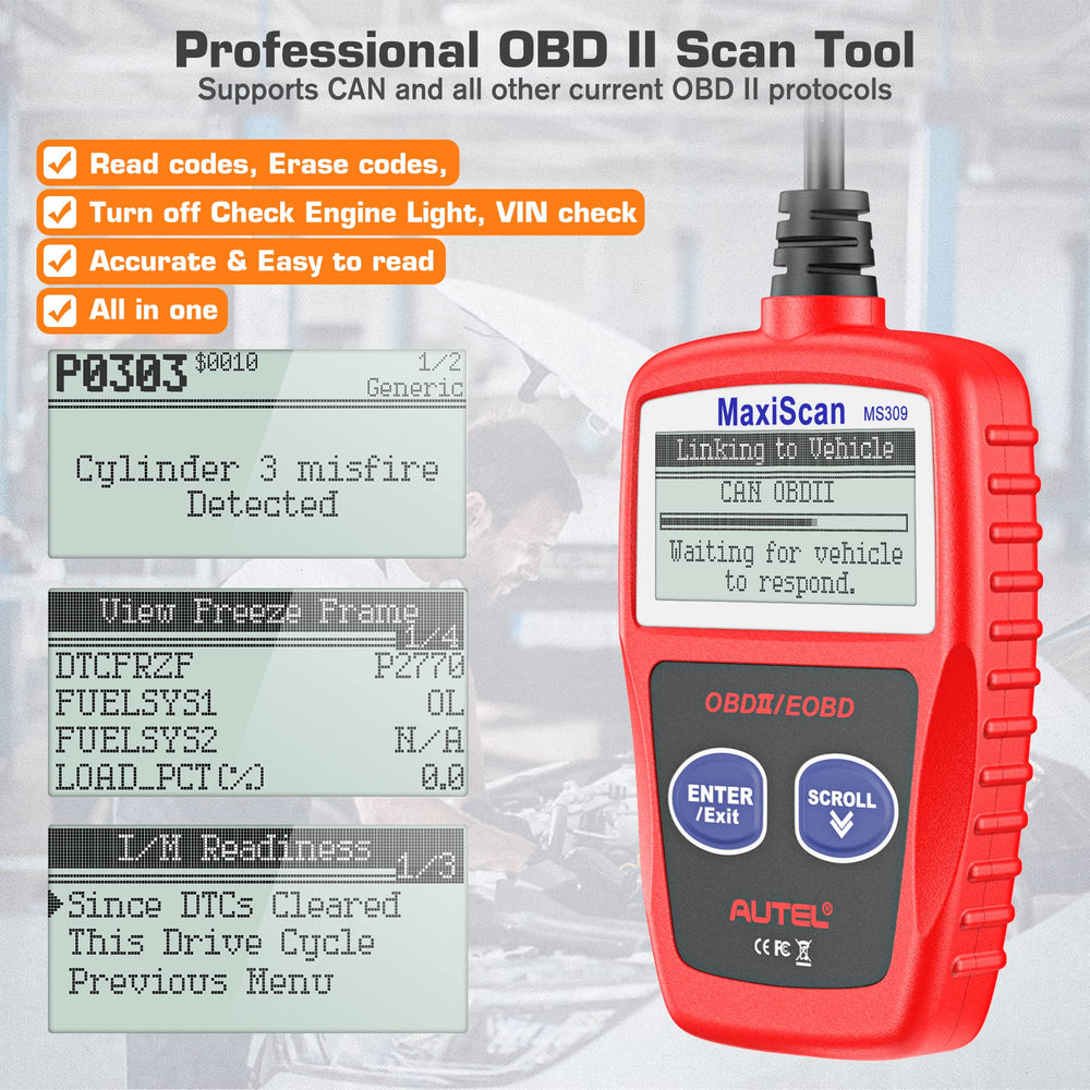 Autel MS309 cable and 16-pin plug showing secure connection and appropriate reach