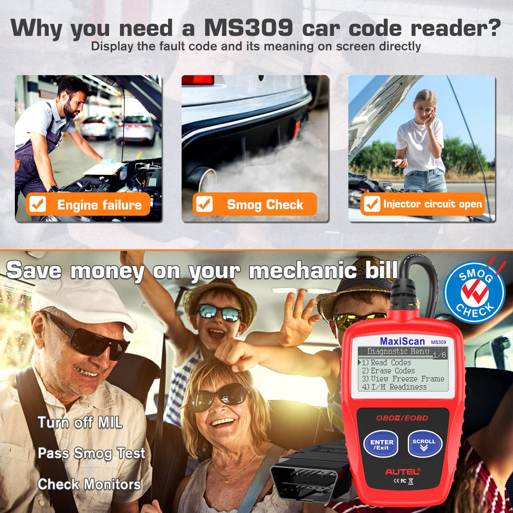 Autel MS309 showing code definition on screen to help identify engine problems