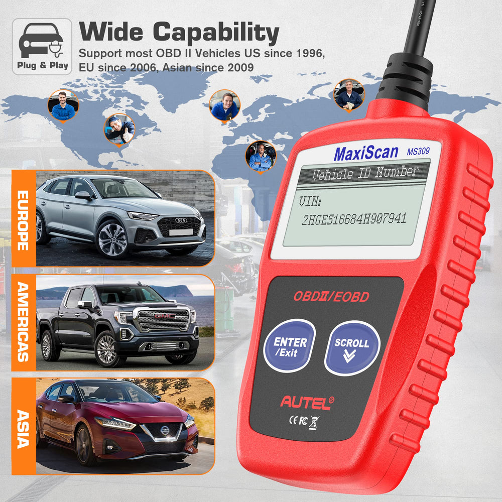 Autel MS309 connected to vehicle OBD-II port demonstrating plug-and-play convenience