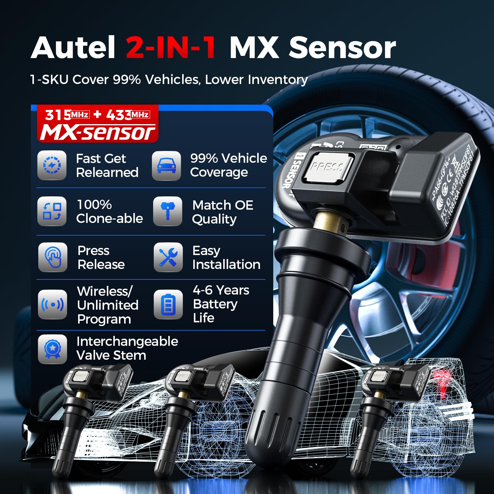 Autel MX-Sensor valve stem close-up with interchangeable rubber and metal valves