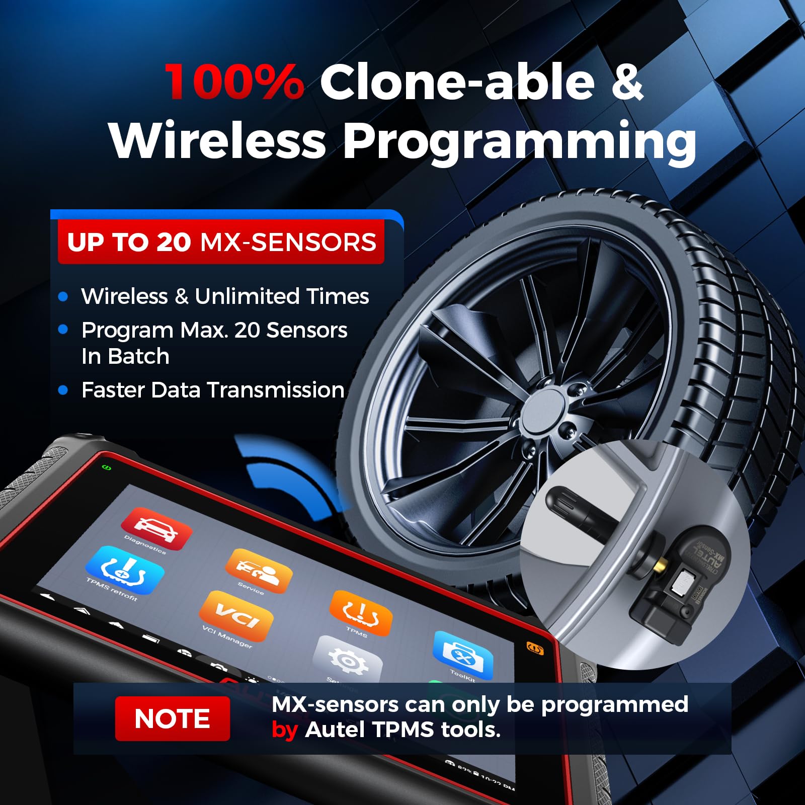 Autel MX-Sensor installed on wheel demonstrating quick press-in replacement benefit