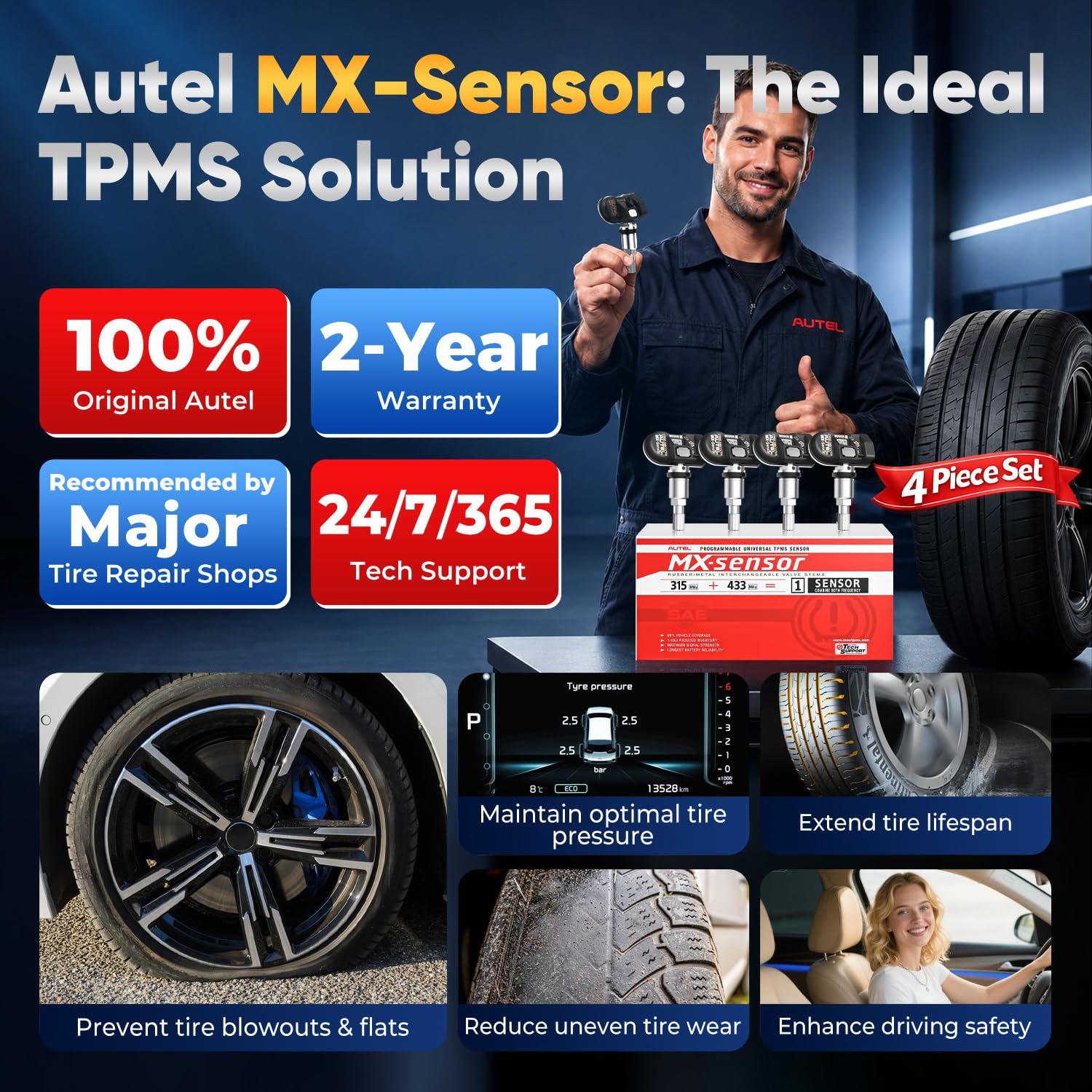 Autel MX-Sensor on a vehicle wheel in road setting enhancing safety monitoring