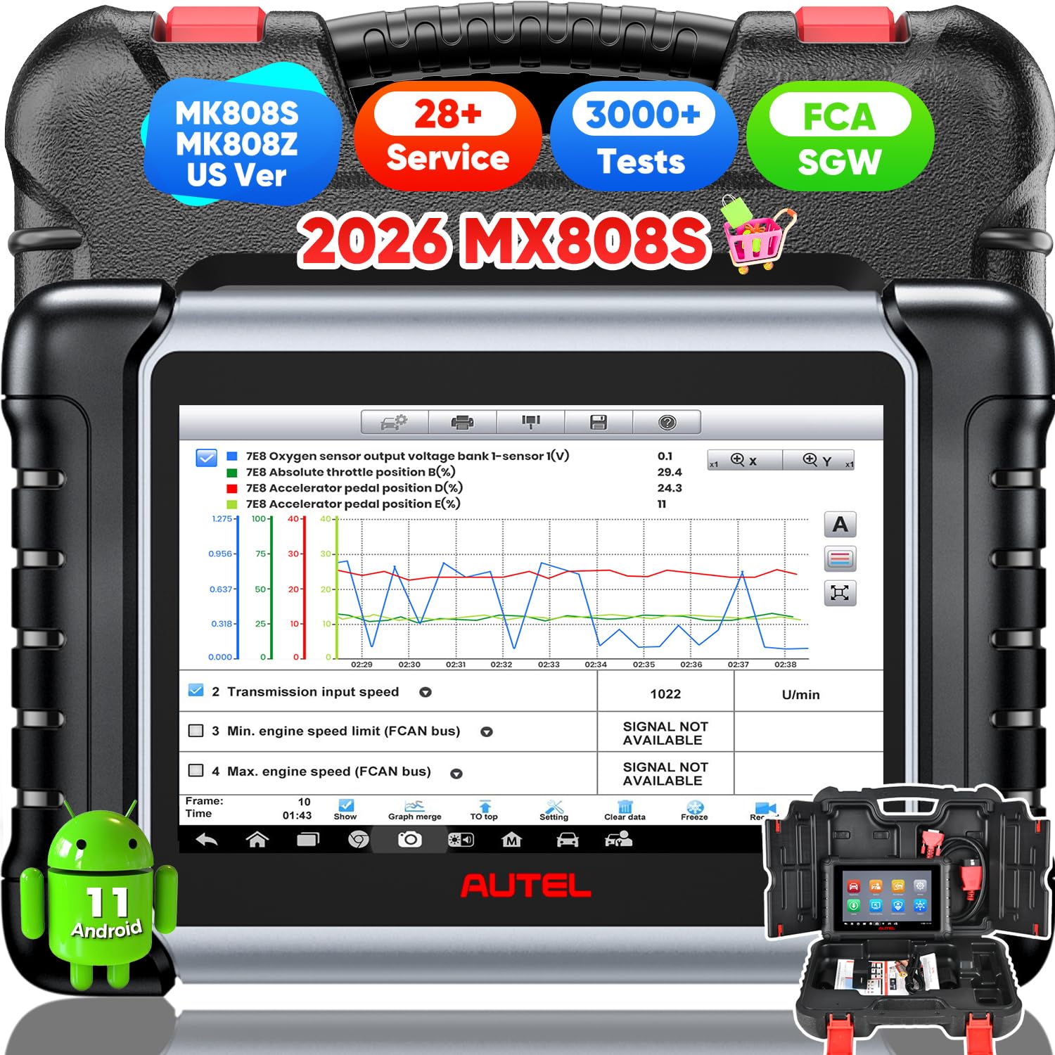 Autel MX808S front display showing diagnostics, delivering quick OE system access