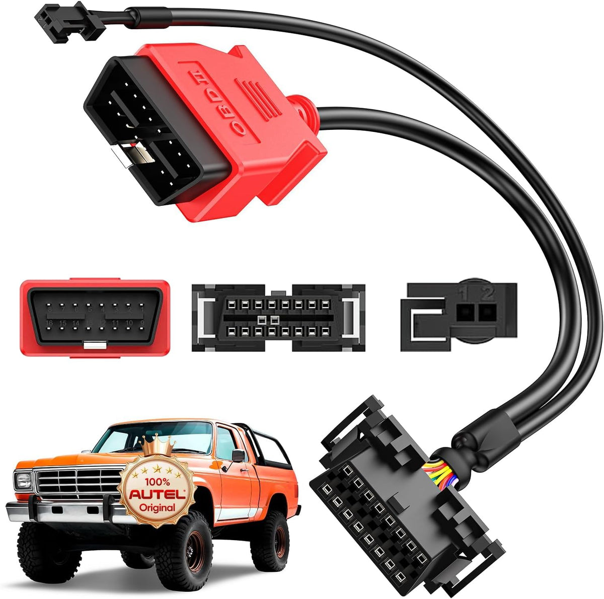Autel front view of OBD2 bypass cable showing full connectors and plug benefits