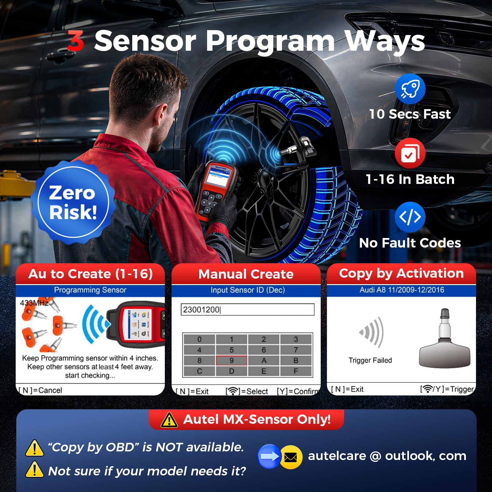 Autel TS408 next to a vehicle wheel demonstrating on-car TPMS activation benefit