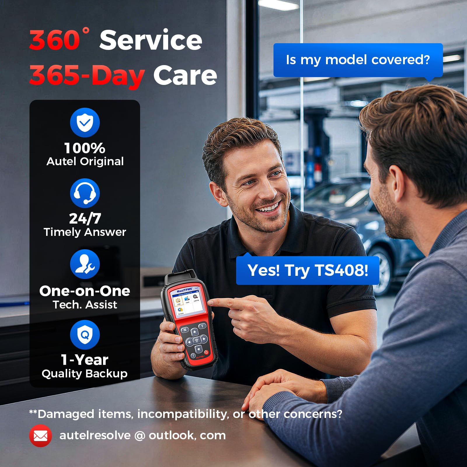 Autel TS408 connected to PC showing one-click software update interface