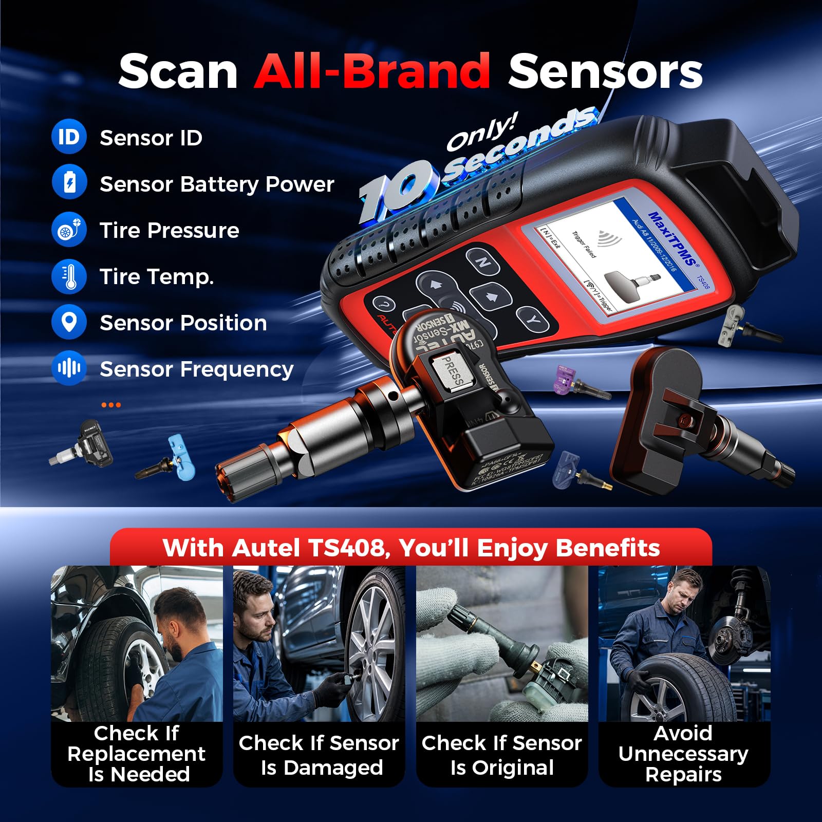 Autel TS408 placed on a mechanic workbench showing professional workshop use