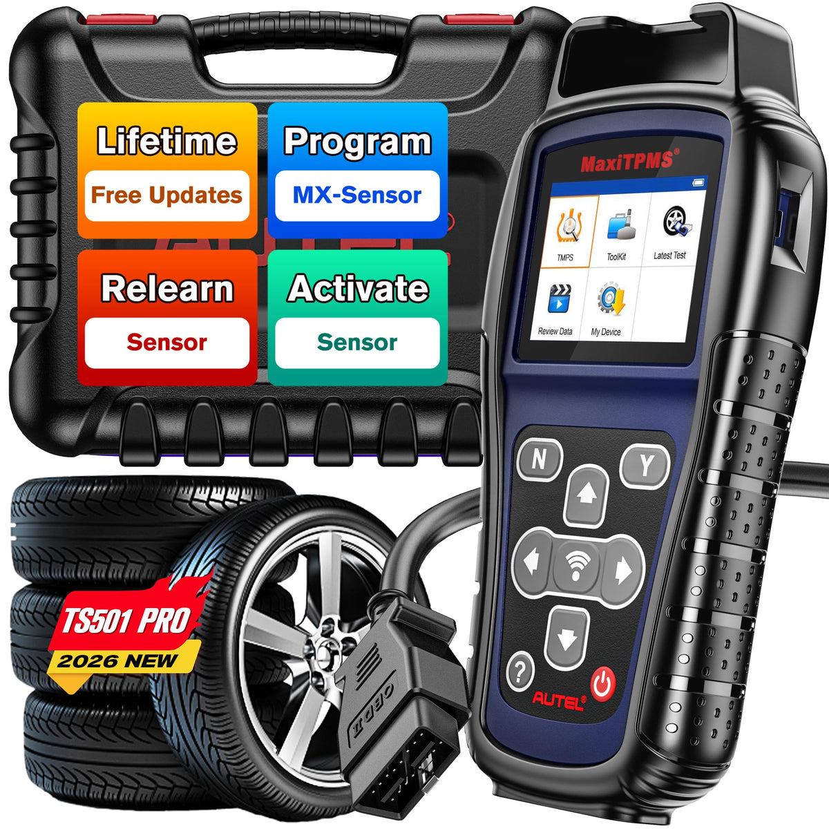 Autel TS501 PRO front view showing handheld design and fast access controls for technicians