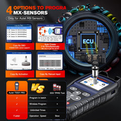 Autel TS501 PRO connected to a vehicle OBD port enabling OBD-based sensor copying