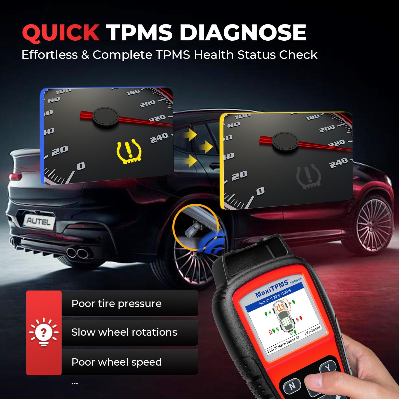Autel TS508WF with cable, OBD adapter and user guide laid out for all‑in‑one service readiness