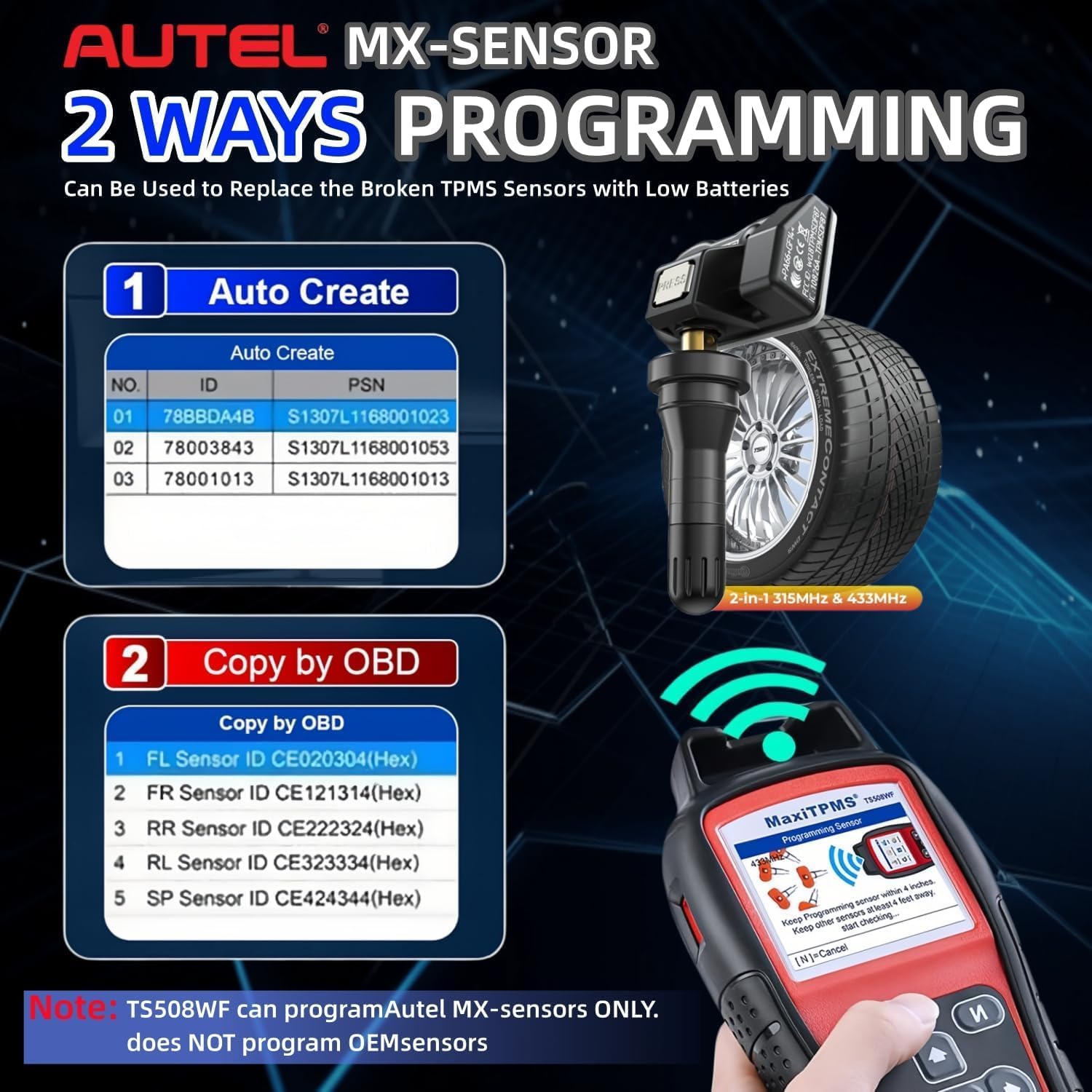 Autel TS508WF connected to OBD2 port, Autel enabling quick ECU relearn and scanning