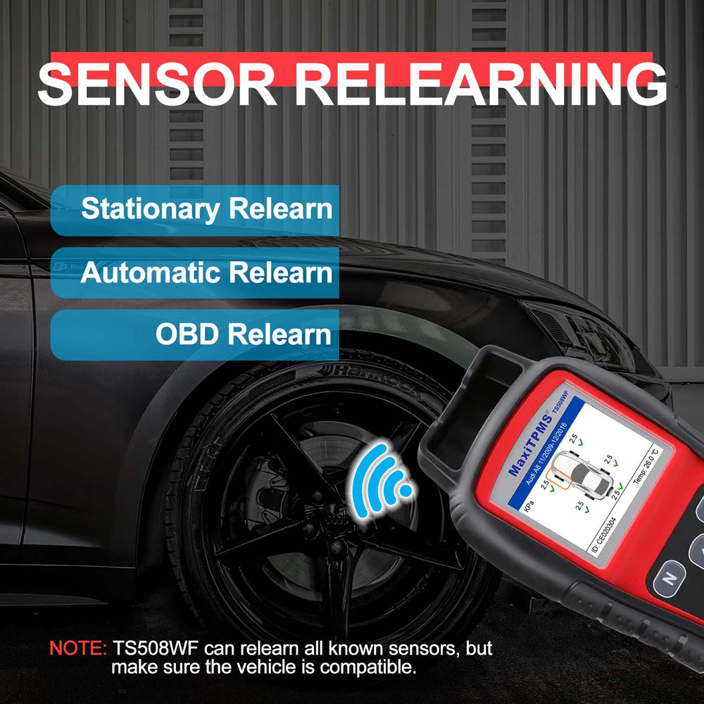 Autel TS508WF used beside a car tire at a shop showing efficient TPMS workflow