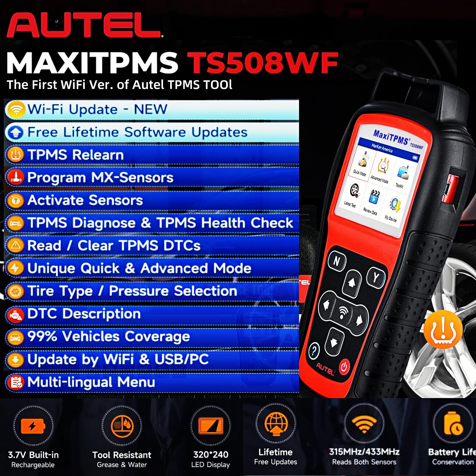Autel TS508WF screen active on home menu, fast mode selection for efficient repairs