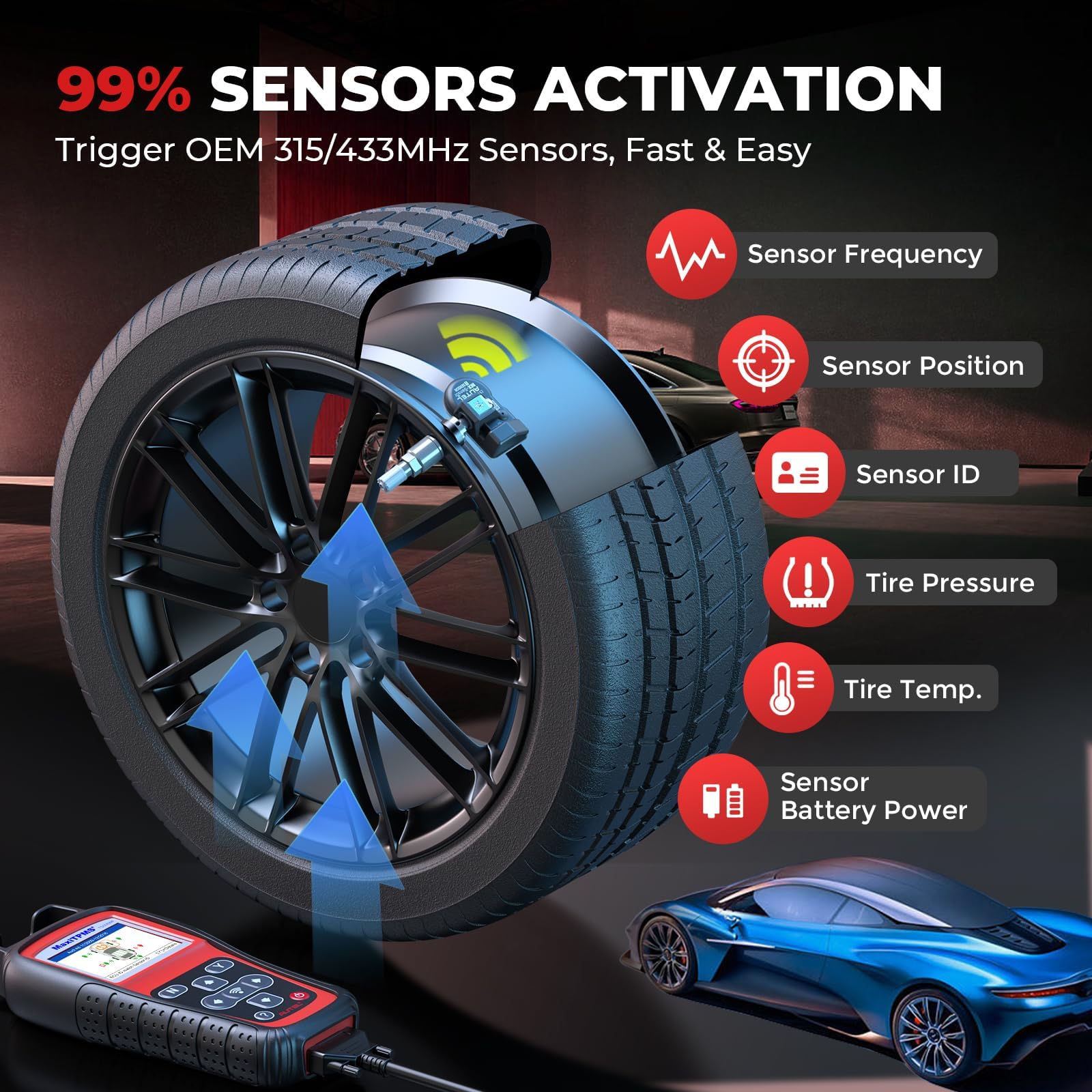 Autel TS508WF activating a tire sensor wirelessly to confirm ID and live pressure reading