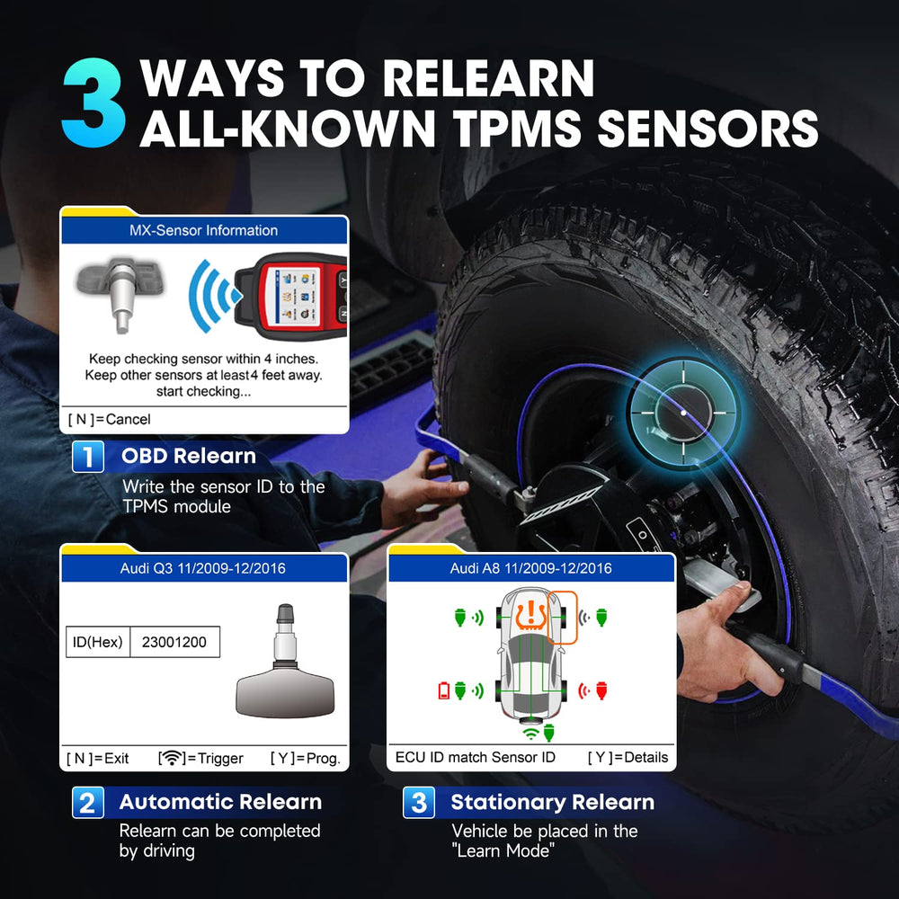 Autel TS508WF connected to vehicle OBD port for relearn efficiency