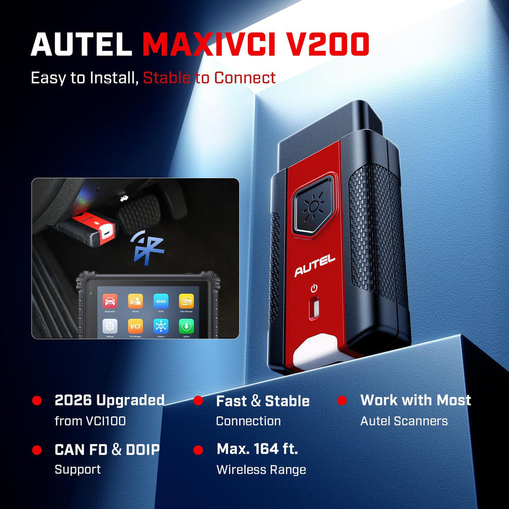 Autel V200 plugged into vehicle OBD port enabling wireless diagnostics on tablet