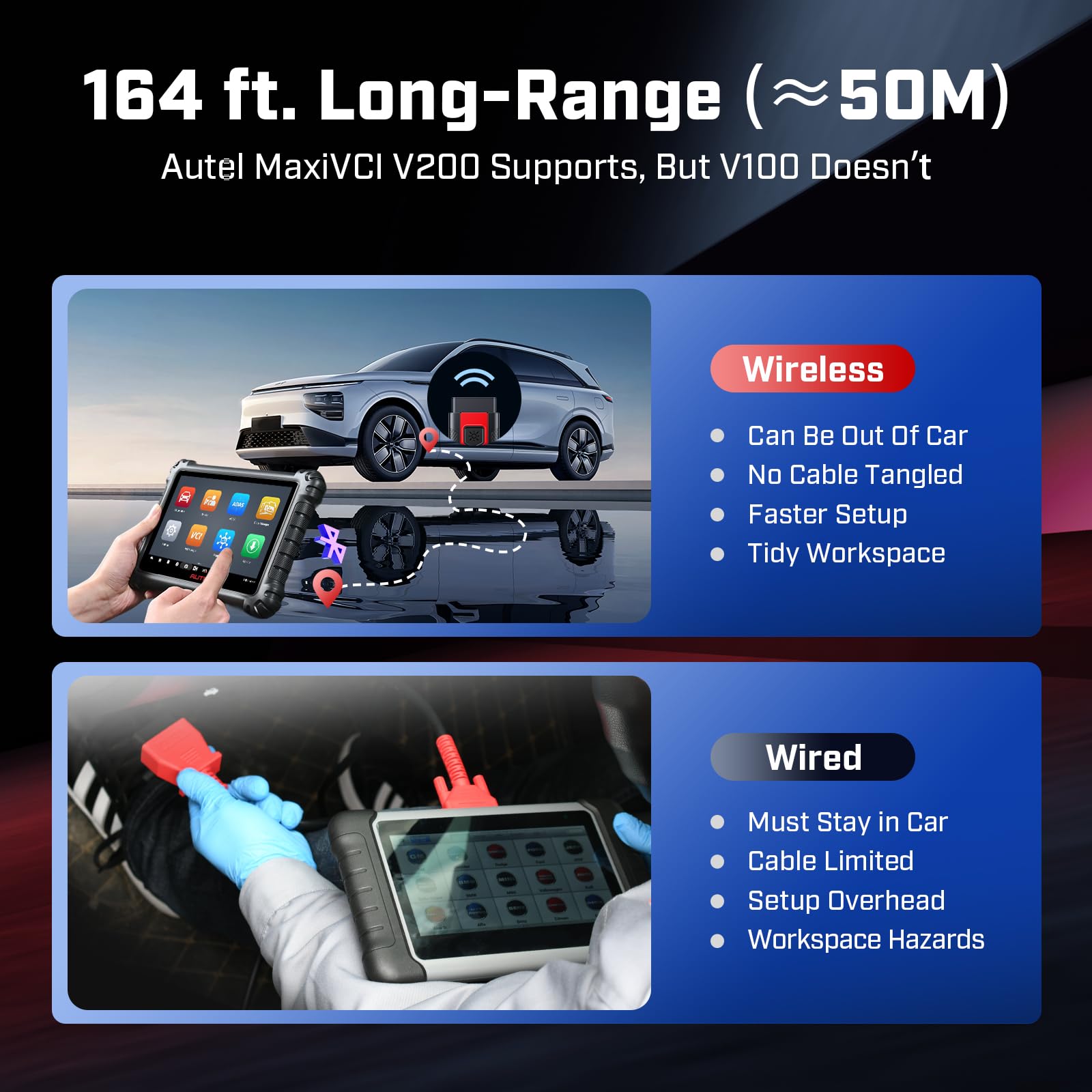 Autel V200 showing 164 ft range demonstration for freedom to move in shop