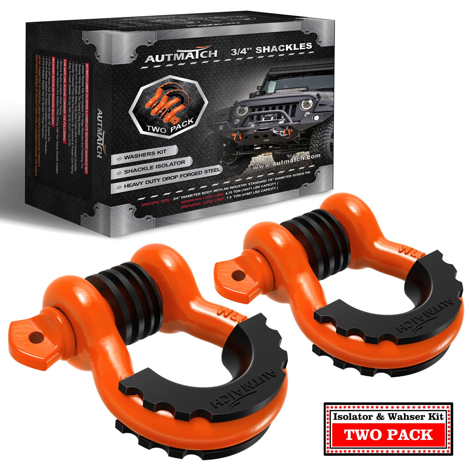 AUTMATCH front view of two-pack shackles showing durable build and strength