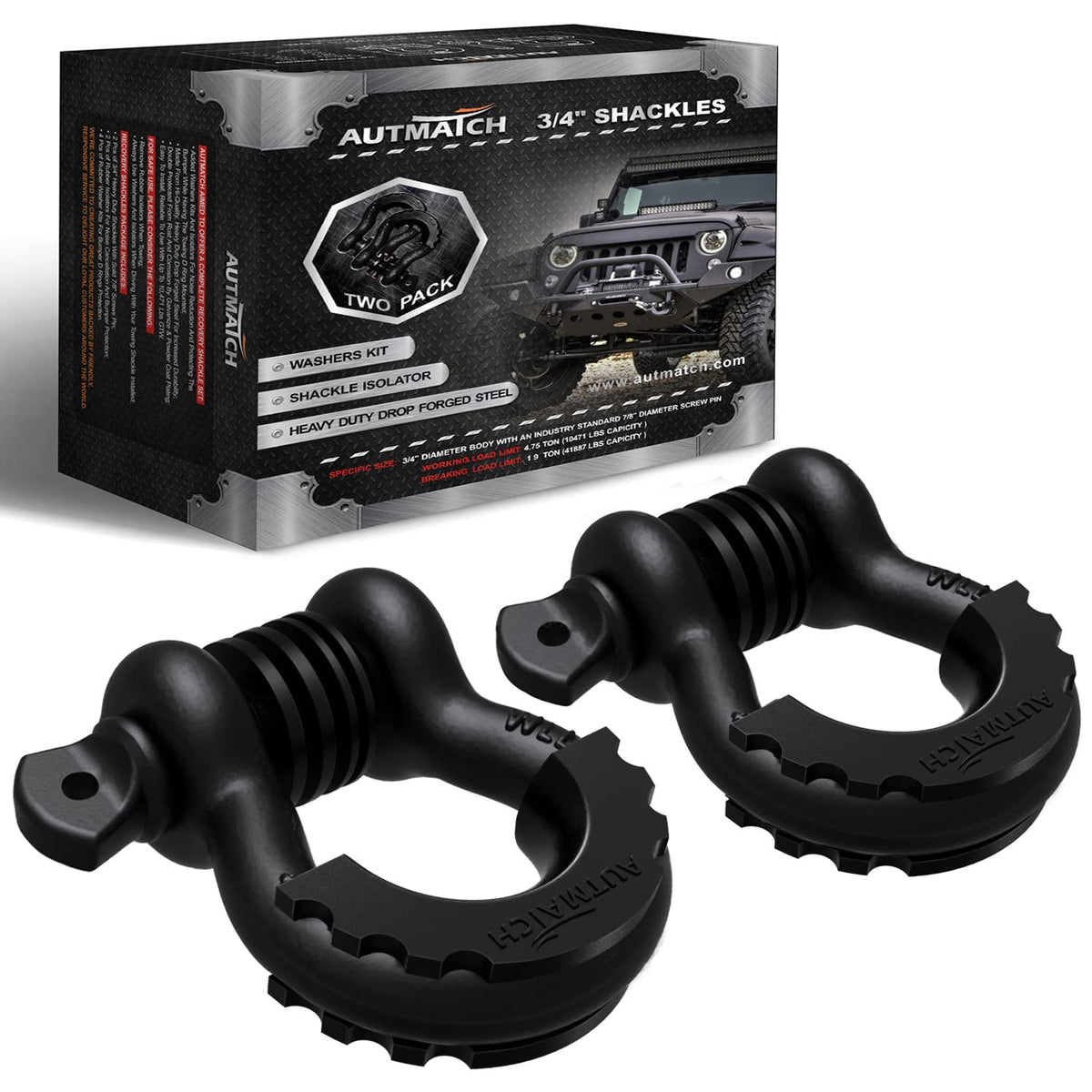 AUTMATCH front view of 3/4" D ring shackle two-pack showing hardware benefits