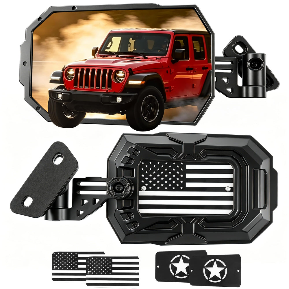 Auto Buero front-mounted mirror on Wrangler showing clear road view
