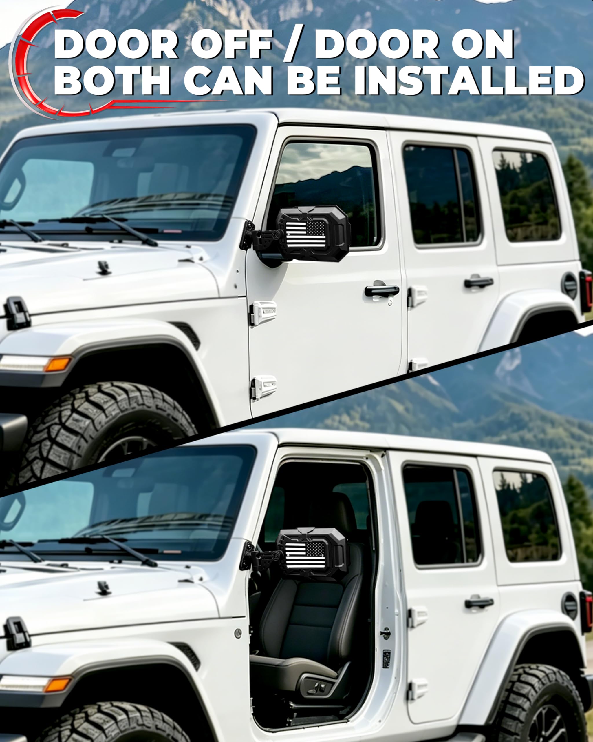 Auto Buero mirror mounted on Jeep with doors off for trail use