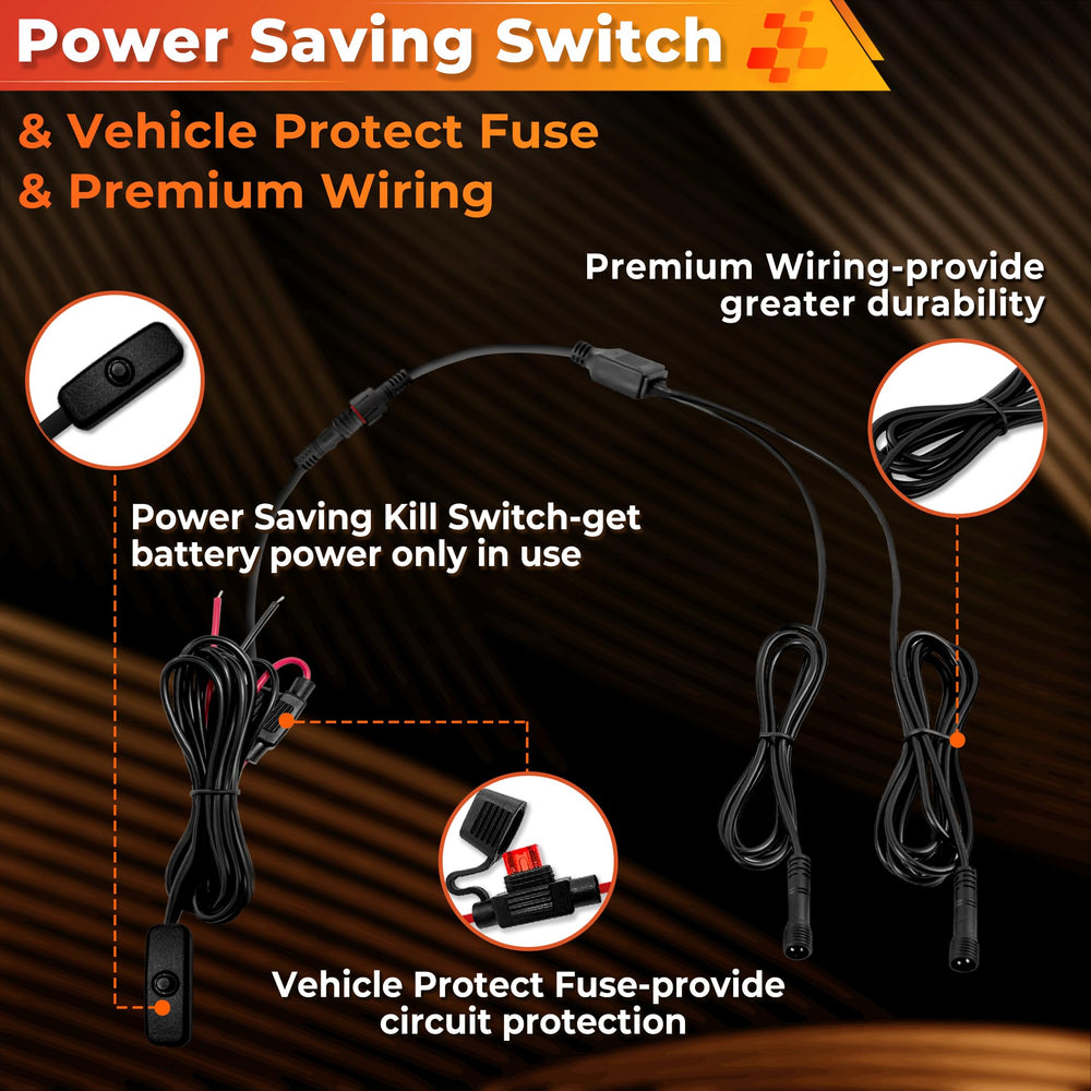 Auto Buero wiring harness and power switch demonstrating quick plug-and-play benefit