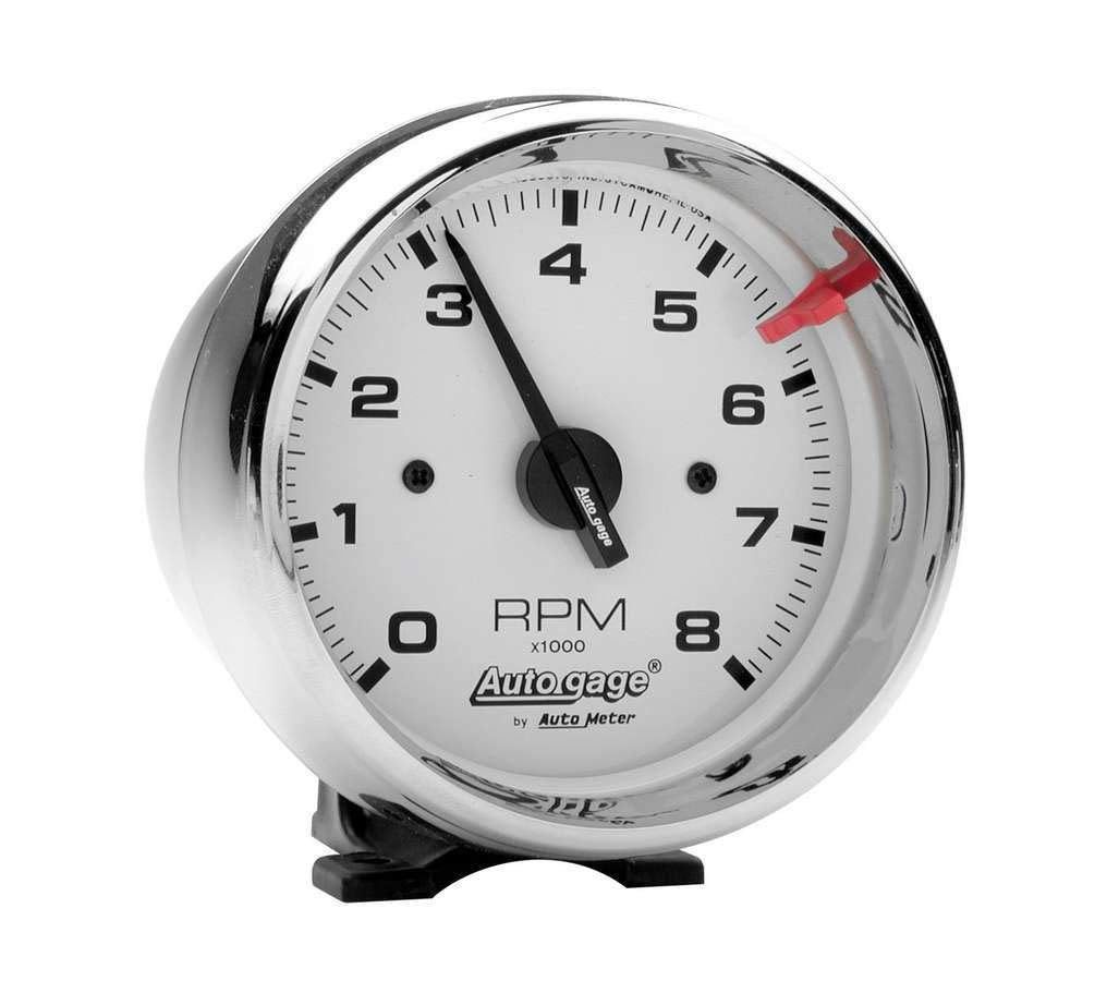 AUTO METER white-face tachometer front view shows clear dial for quick RPM reading