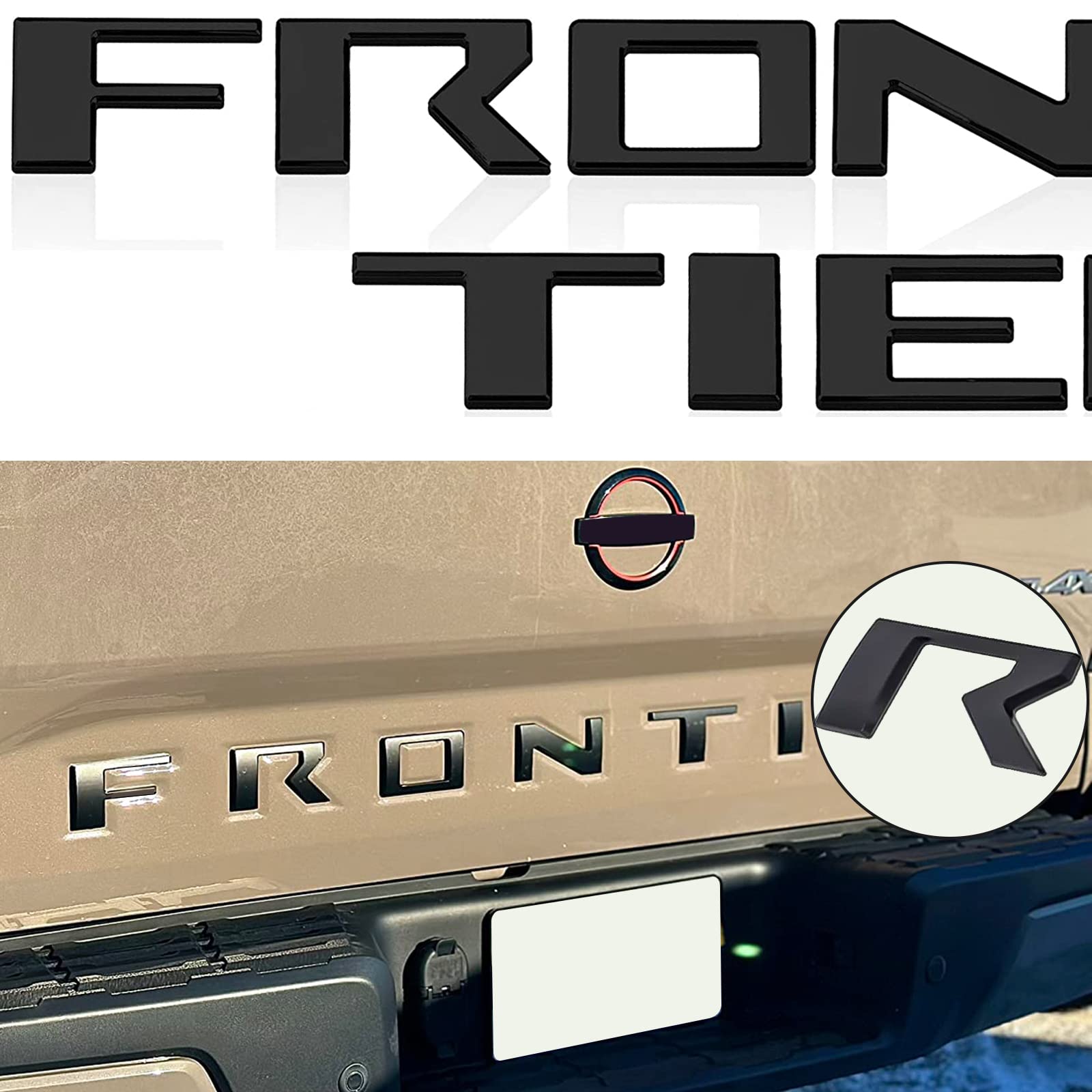 Auto safety front view of matte black letters on Frontier tailgate showing clean upgrade