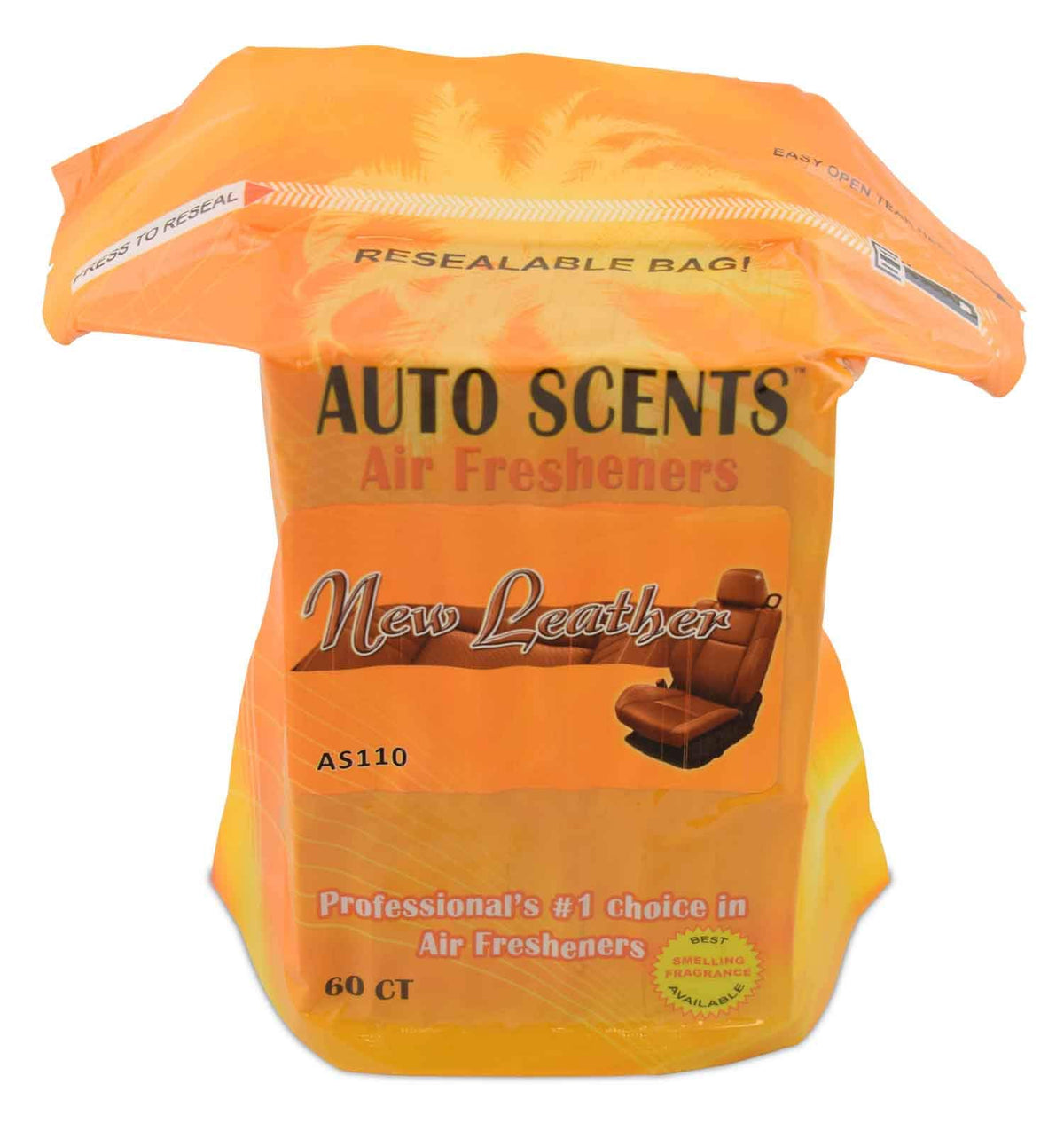 Auto Scents front packaging showing 60 pads and new leather scent benefit