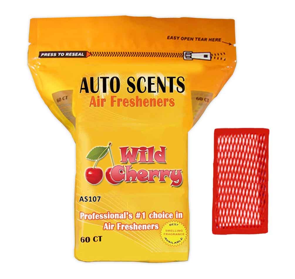 Auto Scents front packaging showing 60 wild cherry pads and long-lasting freshness
