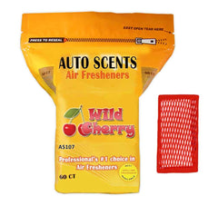 Auto Scents front packaging showing 60 wild cherry pads and long-lasting freshness