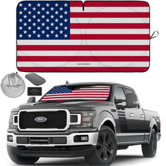 Autoamerics front view USA flag shade showing full windshield coverage and cool interior benefit