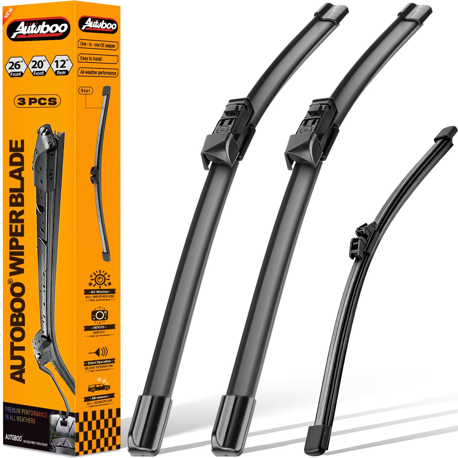 AUTOBOO front packaging showing full three-blade set and fit details
