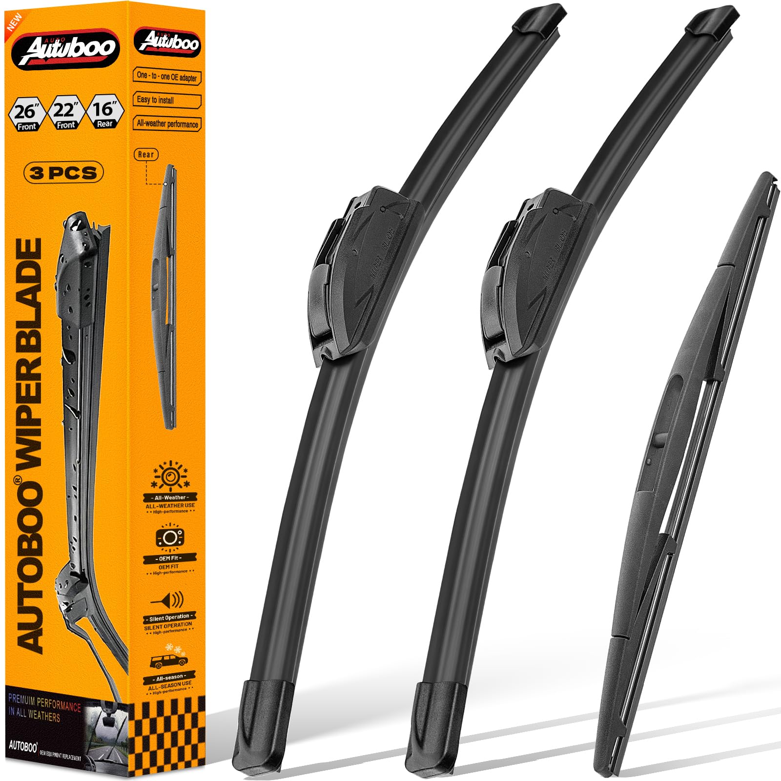 AUTOBOO front packaging showing the 3-blade replacement kit and vehicle fit