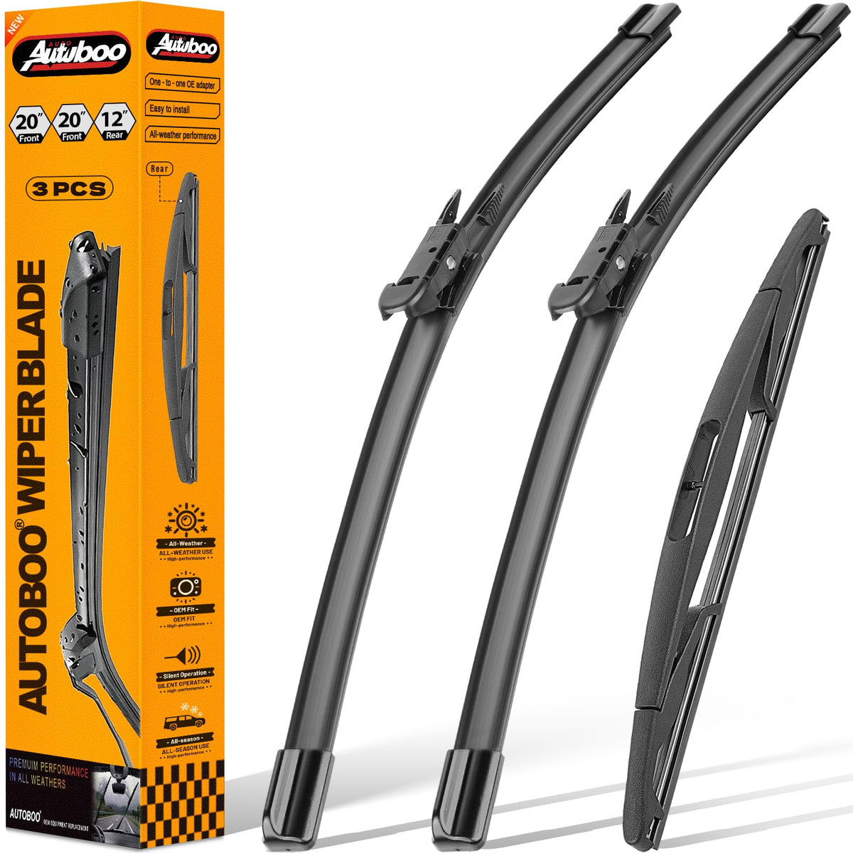 AUTOBOO front packaging showing two 20-inch blades and clear fit benefit